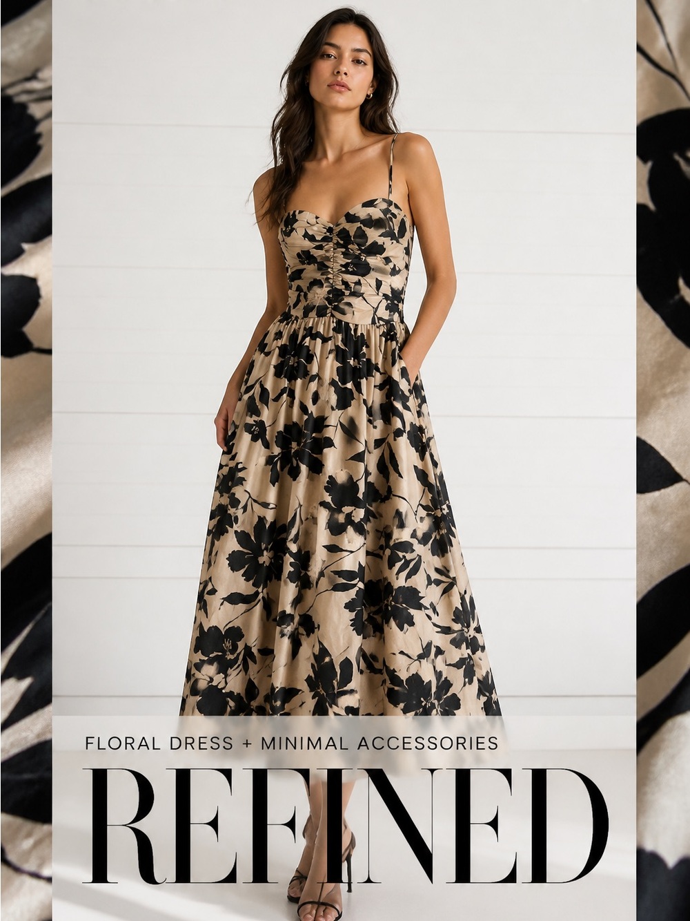 Source Unknown Beige Maxi Dress with Black Floral Print